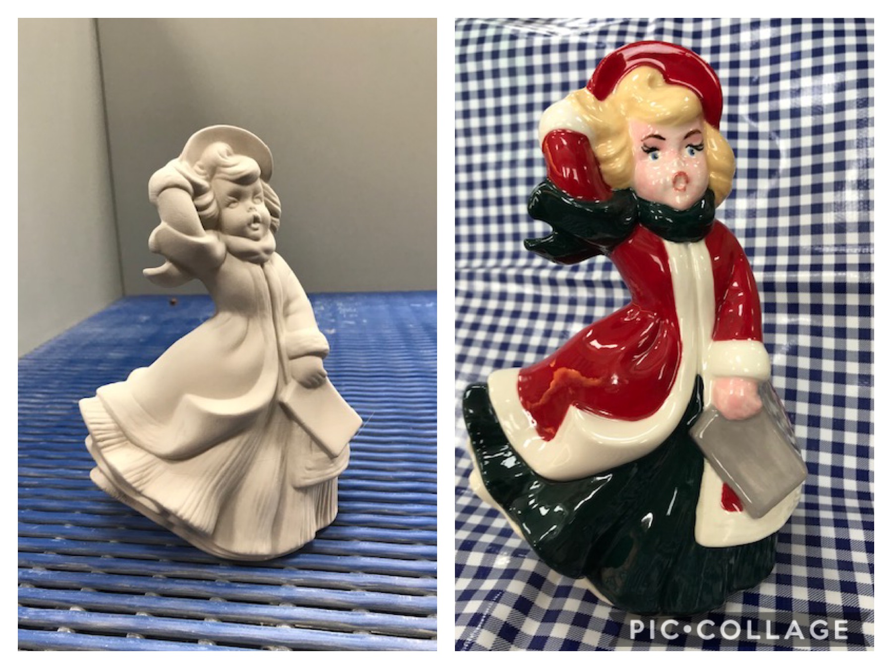 Christmas Caroler Before and After Firing